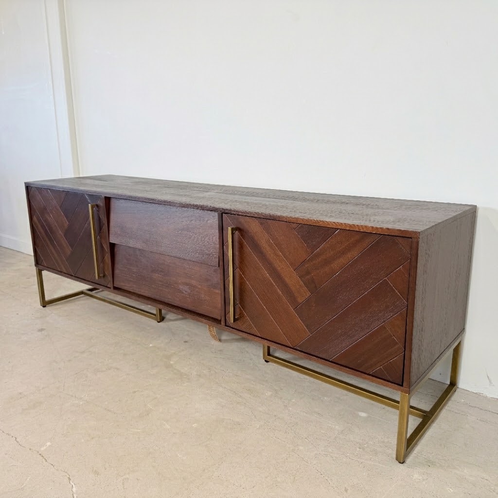 Dutchbone Class Dressoir TV-Meubel – Visgraat Acaciahout & Antiek Messing - Afbeelding 4