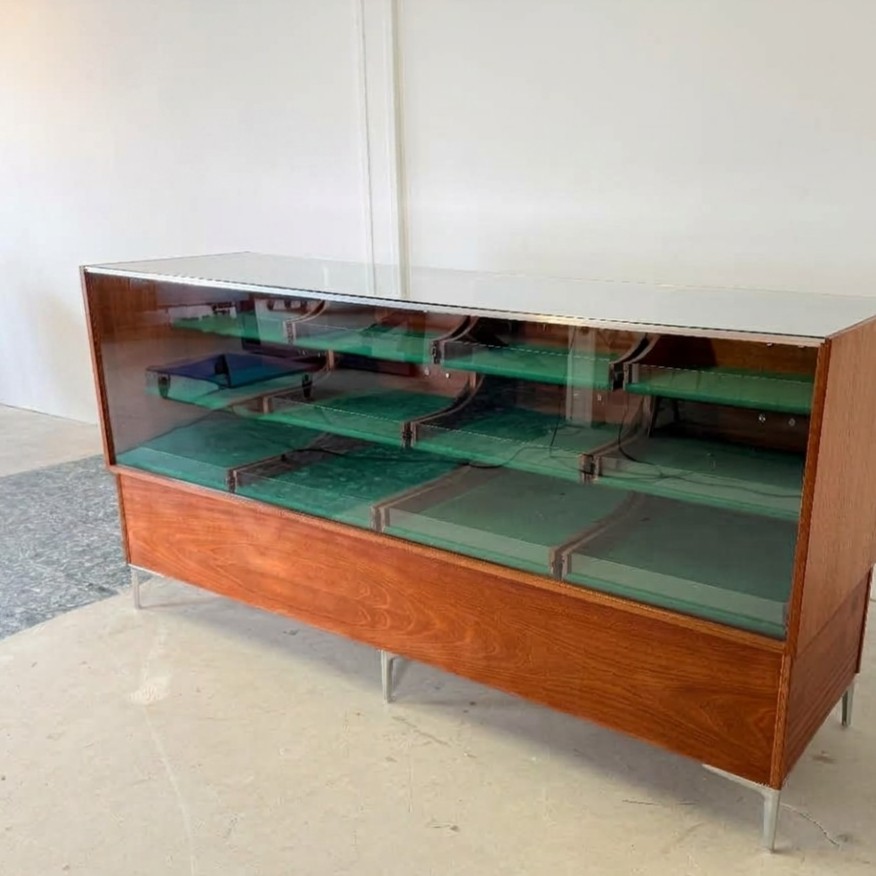 Mid-Century Vitrine Toonbank – Mahonie, Chroom & Gehard Glas – Duitsland ca. 1960 - Afbeelding 4
